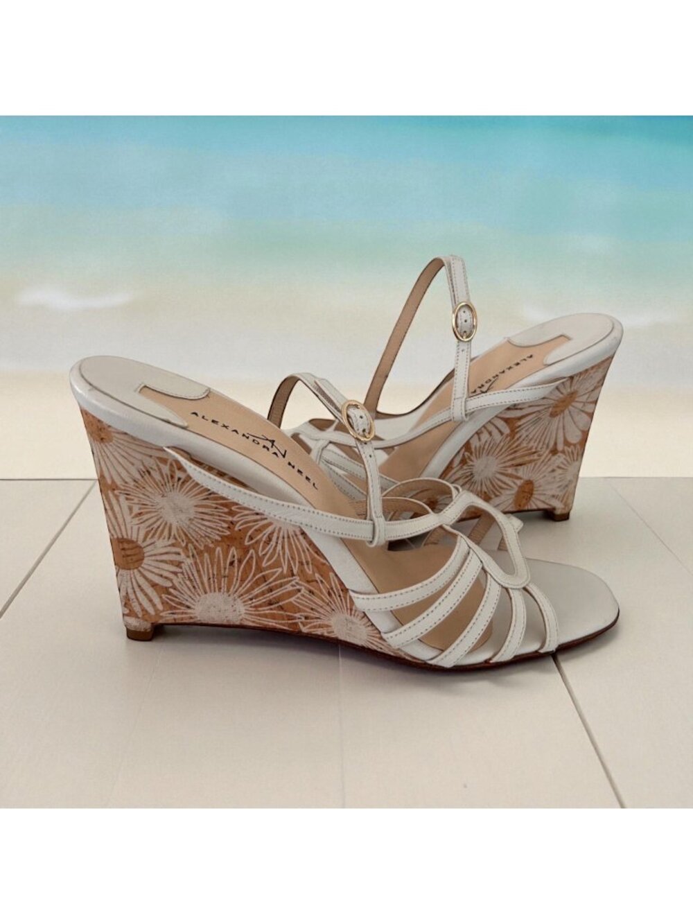 ALEXANDRA NEEL White Leather Floral Sandals Wedges Size 37 / 7
